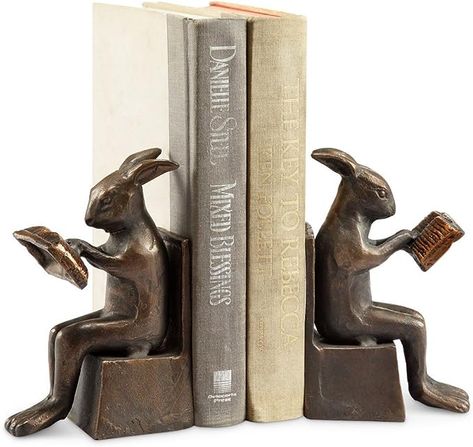 Amazon.com: Studious Rabbit Bookends : Home & Kitchen Cast Iron Set, Rabbit Sculpture, Decorative Bookends, Rabbit Gifts, Bunny Lovers, Bunny Gifts, Bronze Patina, Garden Statues, Antique Finish