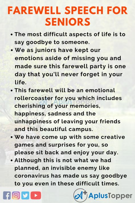 Farewell Speech for Seniors | Best Farewell Speech for Students and Children in English - A Plus Topper Fare Well Party Ideas, College Farewell Quotes For Seniors, Farewell Games Ideas For Seniors, Farewell Wishes For Seniors, Farewell Themes School, Farewell For Seniors, Farewell Card Ideas Handmade For Seniors, Farewell Speech For Seniors, Farewell Games Ideas