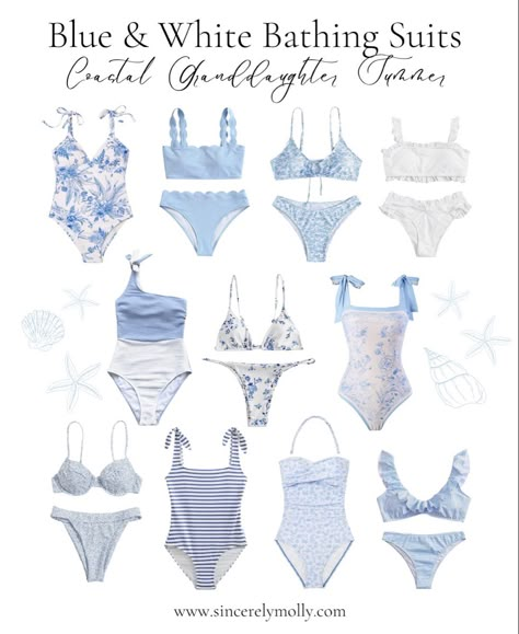 Coastal Grandma Bathing Suits, Costal Granddaughter Bathing Suits, Coastal Grandmother Bathing Suit, Coastal Grandmother Aesthetic Bikinis, Coastal Grandmother Swimsuit, Grandmillennial Style Clothing, Coastal Granddaughter Shirts, Blue And White Bathing Suit, Coastal Granddaughter Shein