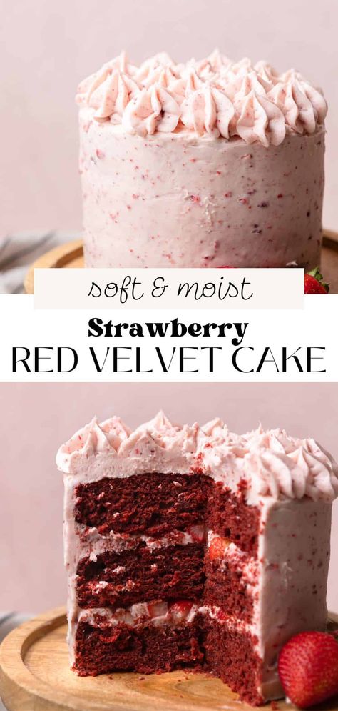 This strawberry red velvet cake has an ultra-moist and velvety texture! It has tangy strawberry cream cheese frosting and is filled with real chopped strawberries. It's a pretty pink cake that is perfect served for Valentine's Day, at birthday parties, or at any special event. Red Velvet Cake Strawberries, Strawberry Red Velvet Cupcakes, Red Velvet Cake Pink Frosting, Valentine’s Day Cake Recipes, Strawberry Velvet Cake Recipe, Valentines Cake Flavors, Strawberry Red Velvet Cake, Strawberry Velvet Cake, Red Velvet Strawberry Cake