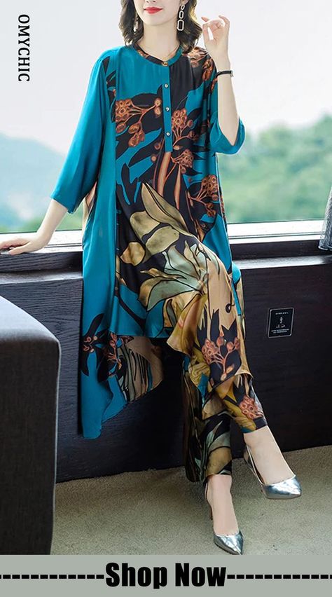 Elegant Blue O-Neck Print Chiffon Dress And Pants Two Pieces Set Three Quarter sleeve Trajes Casual, Chiffon Long Gown, Asian Prom Dress, Printed Chiffon Dress, Diy Belt For Dresses, Fashion Week Dresses, Long Kaftan Dress, African Fashion Skirts, Ankara Gown Styles