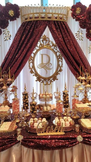 Dessert Table Quinceanera, Royalty Quinceanera Theme, Sweet 16 Candy Table, Red Quinceanera Ideas Decor, Quince Dessert Table, Quince Backdrop Ideas, Burgundy Quinceanera Theme, Quince Court Table, Red And Gold Quinceanera Decorations