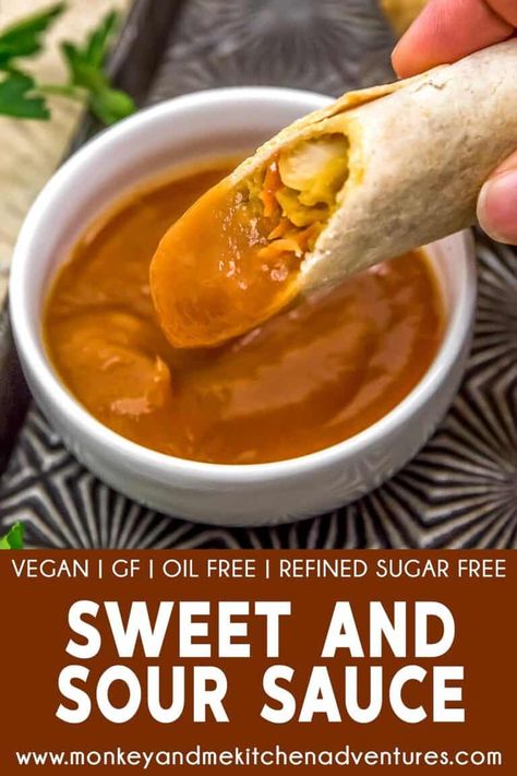 Healthy, flavorful, and rich, this oil-free Sweet and Sour Sauce is full of rich sweetness and umami flavors. #wholefoodplantbased #vegan #oilfree #glutenfree #plantbased | monkeyandmekitchenadventures.com Wfpb Sauces, Vegan Egg Rolls, Monkey And Me Kitchen Adventures, Monkey And Me, Oil Free Vegan Recipes, Vegan Salad Dressing, Sweet And Sour Sauces, Healthy Sauces, Vegan Party Food