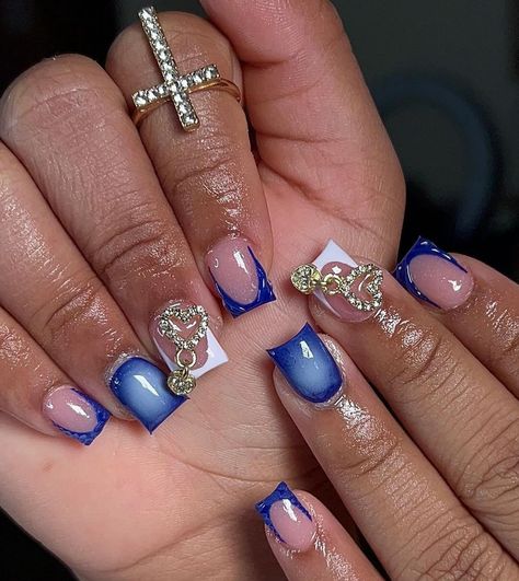 Simple Blue Design Nails, Dark Blue Nails Medium Length, Blue Vacay Nails, Short Blue Acrylic Nails Designs, Short Christmas Nail Designs Blue, Winter Wonderland Nail Ideas, Blue Overlay Nails, Short Nails Blue Design, Short Blue Square Nails