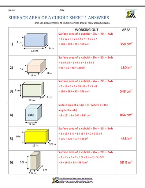 The answer sheet to our Surface Area of a Cuboid Sheet 1. Use the link to access the question sheet. Revision Board, Different Types Of Triangles, Area And Perimeter Worksheets, Area Worksheets, Perimeter Worksheets, Teaching Math Strategies, Learn Math, Area And Perimeter, Answer Sheet