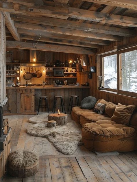 Nordic Chalet Interior, Man Cave Cabin, Old West House Interior, Rustic Cabin Aesthetic, Simple Log Cabin Homes, Old Log Cabin Interior, Masculine Cabin, Small Log Cabin Homes Interior, Cute Cabin Interior