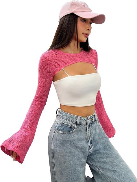 Pink Shrug, Super Crop Top, Shrug Sweater, Amazon Women, Pink Sweater, Long Sleeve Pullover, Pullover Sweaters, Clothing Store, Round Neck