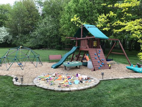 Big Sandbox Ideas, Sandbox In Backyard, Backyard Playset Landscaping Ideas, Sand Box Backyard, Playscape Backyard For Kids, Ultimate Outdoor Play Area, Diy Home Playground, Pool And Playground Backyard, Sandbox Landscaping Ideas