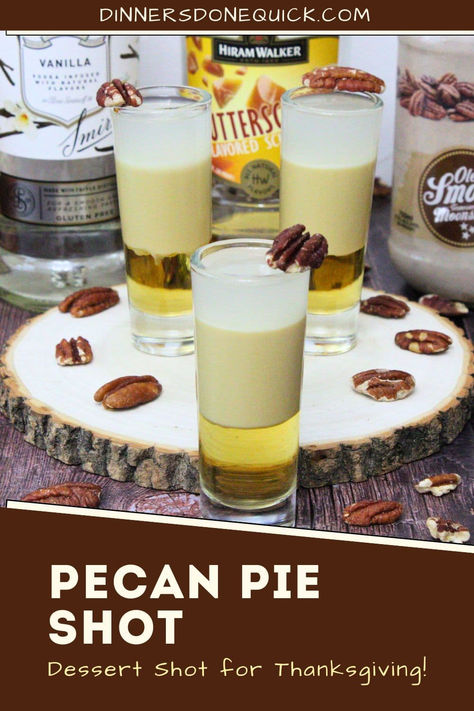 Serve up this sweet and festive Pecan Pie Shot at your Thanksgiving or holiday parties! Made with vanilla vodka, Ole Smoky butter pecan moonshine, and butterscotch schnapps, this layered shot captures the flavors of a classic pecan pie. It's the perfect dessert shot to impress your guests and toast the holiday season. Easy to prepare and even easier to enjoy, this is a must-have addition to your holiday drink lineup! #PecanPieShot #ThanksgivingCocktails #HolidayShots #DessertShots #FallCocktails Pecan Vodka Recipes, Pecan Pie Shots, Alcohol Desserts Easy, Alcohol Thanksgiving Drinks, Butter Pecan Cocktail, Sweet Shots Alcohol, Thanksgiving Liquor Drinks, Thanksgiving Shots Recipes, Dessert Shots Alcoholic