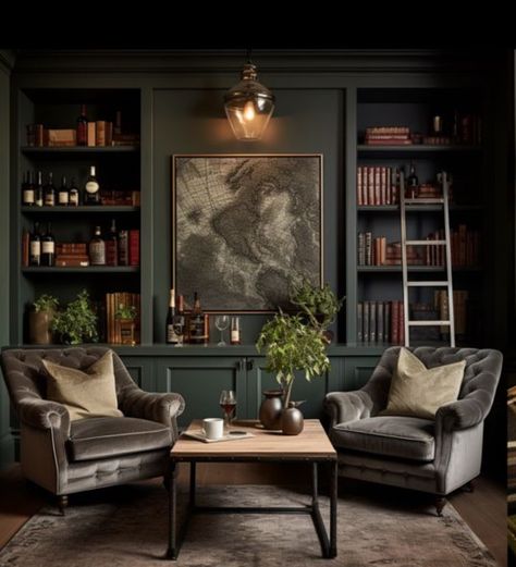 Living Room Dark Academia, Academia Living Room, Dark Academia Living Room, Dark Academia Interior, Dark Living Room, Living Room Dark, Snug Room, Room Dark, Renovation Inspiration