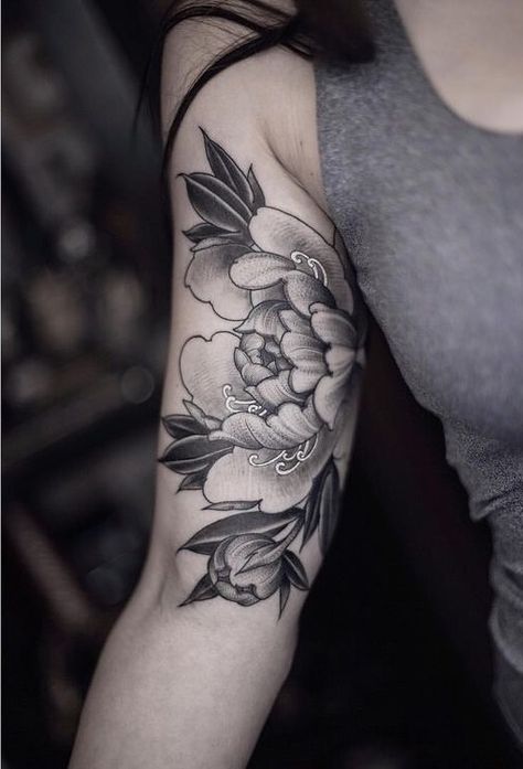 Black and white peony tattoo on the upper arm. #floraltattoo #peony Peony Tattoo Inner Arm, Inner Bicep Floral Tattoo, Inner Arm Tattoo Sleeve, Arm Crease Tattoo Inner, Inside Upper Arm Tattoo, Inner Bicep Flower Tattoo, Inner Arm Sleeve Tattoo For Women, Under Arm Tattoo Inner, Upper Bicep Tattoo Women