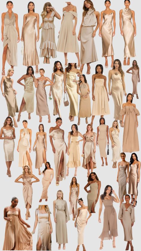 Beige Dresses Bridesmaid, Champagne Gold Formal Dress, Mixed Beige Bridesmaid Dresses, Champaign Bridesmaids Dress, Bridesmaids In Neutrals, Wedding Bridesmaid Dresses Beige, Maid Of Honor Champagne Dress, Strapless Champagne Bridesmaid Dress, Tan Wedding Guest Outfit