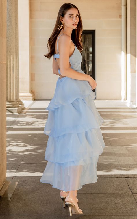 Cindy Midi Dress - Layered Skirt Dress in Pale Blue Midi Dress Layering, Fairy Wedding Dress, Dress Layered, Formal Outfits, Blue Bridesmaid Dresses, Dress Inspo, Fabulous Dresses, Layered Skirt, Formal Outfit