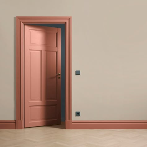 Pink Internal Doors, Pink Skirting Boards White Walls, Yellow Dressing Room, Painted Skirting And Door Frames, Painted Door Frames And Skirting Boards, Pink Baseboards And Trim, Pink Skirting Boards, Pink Doors Interior, Pink Molding