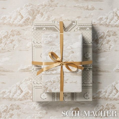 Cloud Toile Wrapping Paper - Champagne Pillows & Accessories | Schumacher Paper Clouds, Elegant Gift Wrapping, Toile Pattern, Marble Statues, Christmas Card Design, Winter Colors, Christmas Gift Wrapping, Etching, Christmas Card