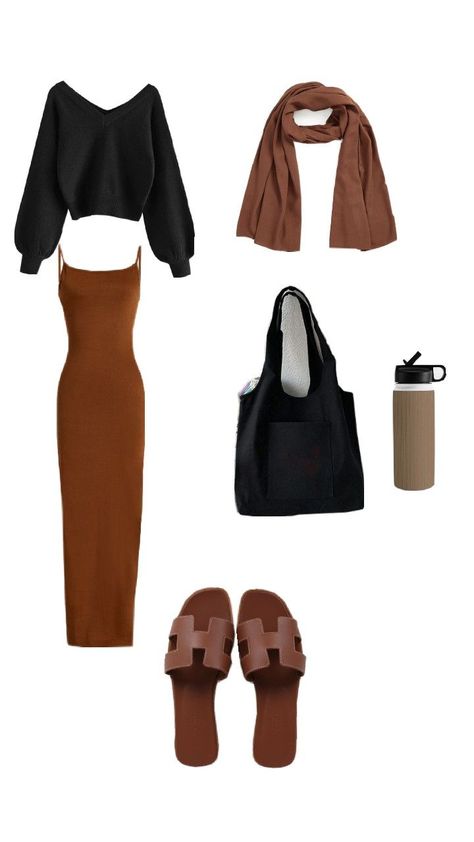 black cardigan,brown maxi dress, tote bag, water bottle. Black Maxi Dress With Cardigan, Brown Maxi Dress Outfit, Maxi Dress With Cardigan, Maxi Cardigan Outfit, Brown And Black Outfit, Brown Maxi Dress, Brown Maxi Dresses, Cardigan Outfit, Maxi Dress Outfit