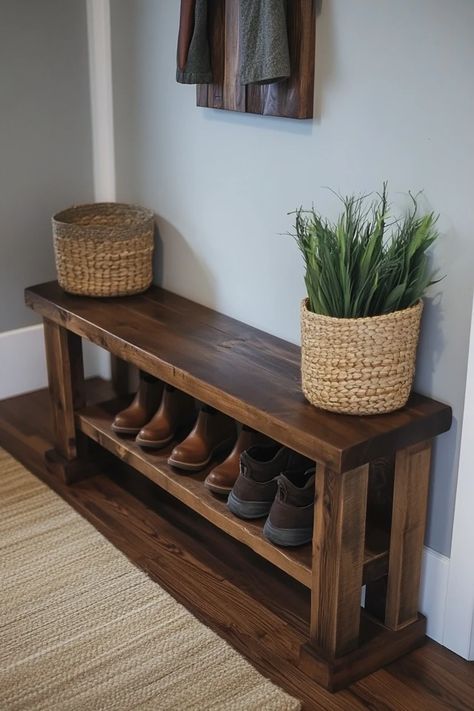 "Build your own DIY Entryway Bench with built-in Shoe Storage! 🛠️👟 Perfect for creating a functional and welcoming space. #DIYFurniture #EntrywayMakeover #ShoeStorageIdeas" Shoe Rack Bench Diy, Diy Hall Bench, Wood Shoe Rack Diy, Shoe Bench Entryway Diy, Diy Wood Shoe Rack, Bench With Storage Diy, Diy Shoe Bench, Entryway Bench With Shoe Storage, Organized Entryway