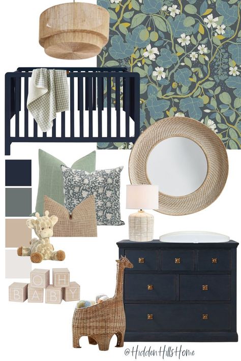 Navy and Green Nursery Decor Design Board Green Nursery Boy, Green Baby Room, Nursery Decor Green, Gender Neutral Baby Nursery, Nursery Decor Inspiration, Baby Nursery Inspiration, Gender Neutral Nursery Decor, Baby Room Neutral, Nursery Room Design