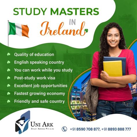 Uniark provides expert support and advice to students who want to study in Ireland. We take care of every minute need until you settle down in college. Give wings to your dreams with Uniark. Apply now! Contact now! For enquiries visit : 🌐 www.uniark.in 📌 Ernakulam, Calicut ☎ 0484-4027772, +91 8893888777 #abroadstudy #abroadeducation #uniark #studyabroad #studyinIreland #Ireland Study In Ireland, Ireland Poster, Admissions Poster, Eye Facts, Education Poster Design, Overseas Education, Education English, Education Poster, Education System