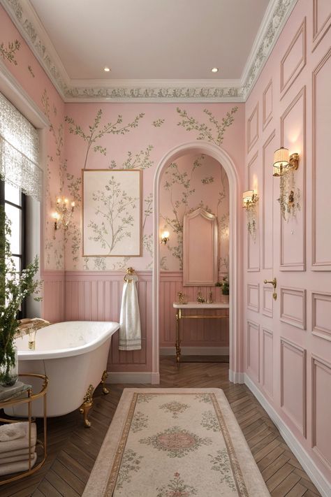 Transform your bathroom with soft pastel pink walls, vintage fixtures, and elegant decor for a cozy retreat. #PinkBathroom #HomeDecor Pink And Wood Bathroom, Pink Art Deco Bathroom, Pink House Decor Interiors, Vintage Pink Decor, Pink Downstairs Toilet, Dusky Pink Bathroom, Bathroom Pink Aesthetic, Pink Tiles Bathroom, Pink Bathroom Floor