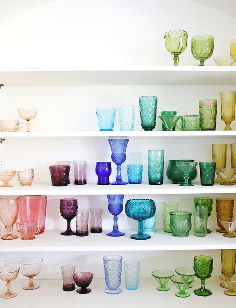 In progress- collecting colorful glassware! Rainbow Glassware, Glassware Display, Fixer Upper Farmhouse, Elsie Larson, Farmhouse Trends, White Molding, Beautiful Dresser, A Beautiful Mess, Colored Glassware