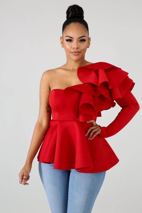 Blusas Peplum, Red Peplum Tops, African Prom Dresses, Fashion Blouses, 2 Chainz, Peplum Tops, Perfect Blouse, Linen Fashion, Flare Top