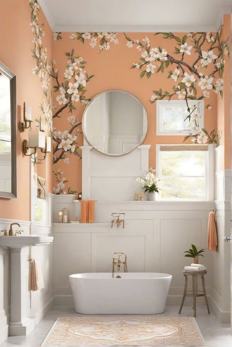 Experience the calming essence of the Orange Blossom Bliss in your bathroom with soothing floral decor, complemented by BM 2165-30. Dive into serenity. #Ad #homedecor #homedesign #bathroom #Painthome interiorarchitecture best Wall Colors for Bathroom Colors Bright Room Colors best colors combinations bathroom bathroom Remodeling Modern Paint Colors 2024 Floral Bathroom Ideas, Orange Bathroom Ideas, Paint Colors 2024, Bright Room Colors, Coral Bathroom, Best Wall Colors, Peach Bathroom, Modern Paint Colors, Bathroom Storage Hacks