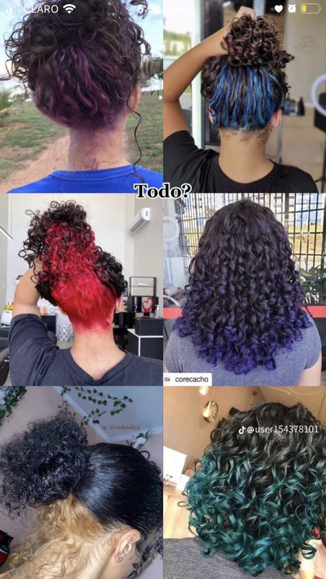 Color Wax For Curly Hair, Hairdye Inspo Curly Hair, Ombre Hair Color Curly Hair, Curly Hair Streaks, Colors To Dye Curly Hair, Colored Curly Hair Ideas, Ways To Dye Your Hair Ideas, Hair Dye For Curly Hair, Curly Hair Colours