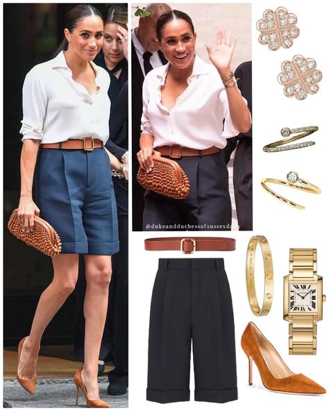 Ralph Lauren Belt Outfit, Bermuda Shorts Outfit Women, Bermuda Shorts Outfit Summer, Blue Shorts Outfit, Cartier Tank Watch, Summer Business Outfits, Bermuda Shorts Outfit, Meghan Harry, White Summer Shirt