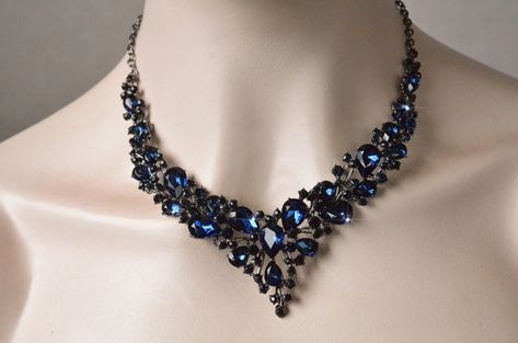 Dramatic Vintage Inspired Fancy Cut Montana Dark Navy Blue Crystal Rhinestone Necklace and Earring Set, Wedding (Sparkle-3171) Special Occasion Jewelry, Rhinestone Statement Necklace, White Jewelry Box, Sparkle Wedding, Necklace And Earring Set, Blue Necklace, Bridal Pearls, Dark Navy Blue, Wedding Jewelry Sets