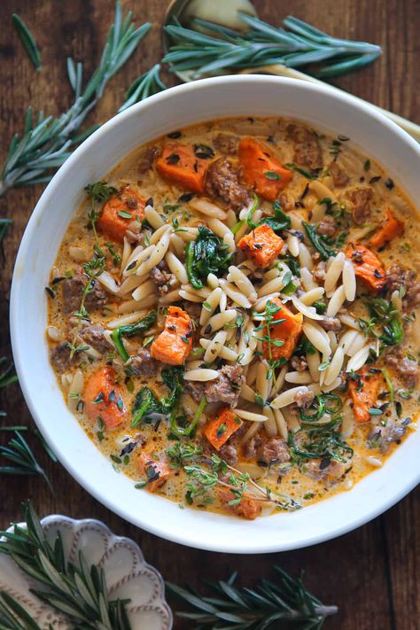 Squash And Sausage Soup, Butternut Squash Sausage Soup, Orzo And Spinach, Butternut Squash And Sausage, Soup With Orzo, Butternut Squash Sausage, Creamy Butternut Squash, Italian Sausage Soup, Sausage Soup