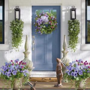 Easter Front Porch Decor, Easter Front Porch, Easter Porch Decor, Front Porch Decor Ideas, Blue Front Door, Spring Porch Decor, Front Porch Design, Spring Morning, Front Door Colors