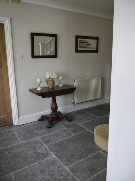 Dulux Nutmeg White paint which is a chalky white. The woodwork is Trade Satinwood Dulux Nutmeg White, Tiled Hallway Floor, Dulux White, Grey Hallway, Hallway Paint, Hall Colour, Hallway Colours, Tiled Hallway, Wood Projects Plans