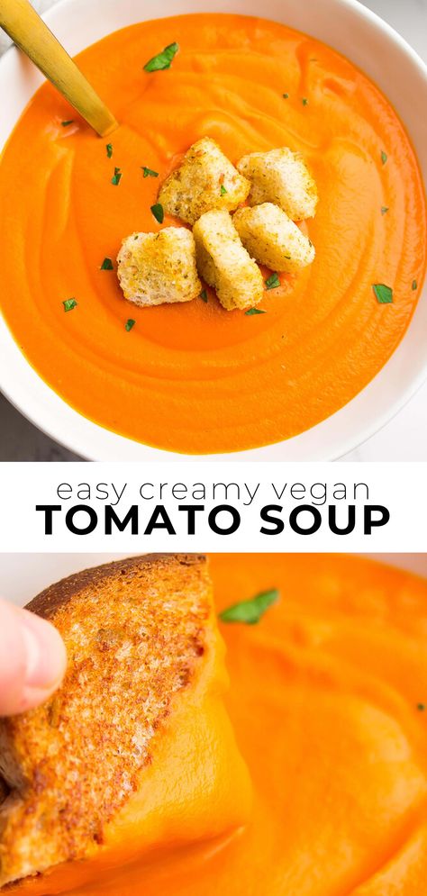 Easy Homemade Tomato Soup, Easy Vegan Soup, Vegan Tomato Soup, Tomato Soup Homemade, Vegan Grilling, Dairy Free Cheese, Vegan Soup Recipes, Vegan Soups, Vegan Soup