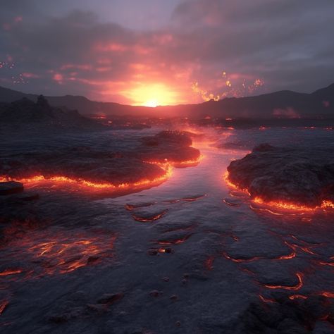 A steaming volcanic landscape with lava flowing into a molten lake Lava Lake Art, Fantasy Lava Landscape, Volcanic Aesthetic, Lava World, Volcanic Wasteland, Project Volcano, Lava Castle, Lava Aesthetic, Volcano Aesthetic