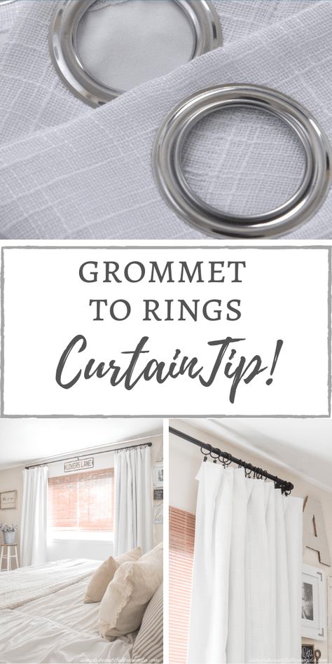 Our New Blackout Curtains + Grommets to Rings Tip | Simply Beautiful By Angela Grommet Curtains Living Room, Curtain Tips, Black Curtain Rods, Silver Curtains, Painted Curtains, Linen Blackout Curtains, Curtain Rings With Clips, Tab Curtains, Curtain Clips