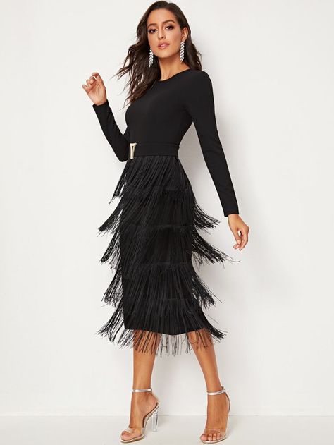 Buckle Belted Layered Fringe Detail Pencil Dress | SHEIN USA Fringe Dress Outfit, Fringe Skirt Outfit, Layered Fringe, Sleeved Velvet Dress, Panel Dress, Fringe Skirt, Printed Bodycon Dress, Fringe Dress, Round Neck Dresses