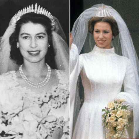 The Queen and Princess Anne For her 1947 wedding to Prince Philip, Princess Elizabeth –who would become Queen Elizabeth II – wore Queen Mary's Fringe Tiara, consisting of 47 diamond bars using stones taken from a necklace Queen Mary had been given by Queen Victoria. The Fringe Tiara, passed on to Princess Elizabeth's mother in 1936, was loaned to the young Princess as the 'something borrowed' element of her wedding outfit. Royal Wedding Tiaras, Fringe Tiara, Royal Family Weddings, Princess Beatrice Wedding, Royal Wedding Dresses, Wedding Tiaras, Fairytale Gown, Rainha Elizabeth Ii, Princess Diana Family