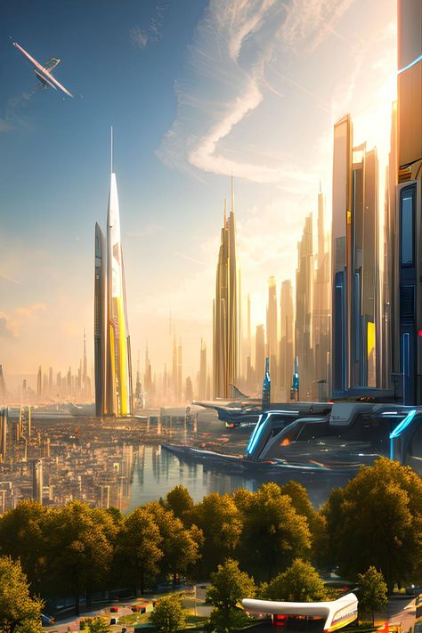 futuristic, utopian, city, golden hour, sunset, central hub, white buildings, green trees, flying drones, space ships, sci-fi, architecture, landscape, utopia Fantasy Technology City, Utopian City Concept Art, Futuristic City Art, Advanced City, Futuristic Architecture Future City, Futuristic City Utopia, Utopian City, Flying City, Scifi City