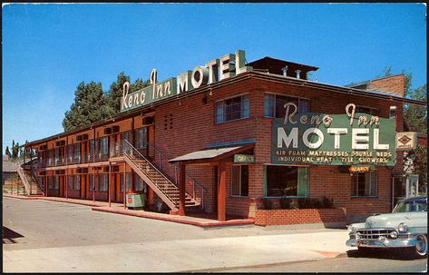 Reno Inn Motel, 1950's | Reno, Nevada Nevada House, Old Motel, Motel Signs, Vintage Buildings, Googie Architecture, Vintage Motel, Apartments Exterior, House Flippers, Sims Building