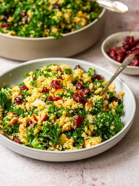 Serve this Kale Cranberry Quinoa Salad this holiday season. This kale quinoa salad is loaded with flavor and sure to delight guests! Kale Cranberry Quinoa Salad, Kale Quinoa Salad Recipes, Dairy Free Gluten Free Salad, Massage Kale, Classy Recipes, Potluck Salads, Quinoa Salad Vegan, Kale Dishes, Kale Recipes Healthy