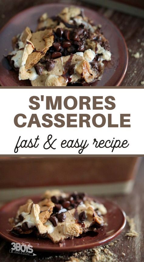 Just wait until you see this Delicious Smores Casserole Recipe! It's a fun way to eat smores and full of chocolate and peanut butter taste! #smoresrecipe #dessert #peanutbutterrecipe #3boysandadog Smores Casserole Recipes, Smore Casserole, Smores Casserole, Smores Dessert Recipes, Baked Smores, Easy Smores, Smores Dessert, Smore Recipes, Crockpot Dessert Recipes