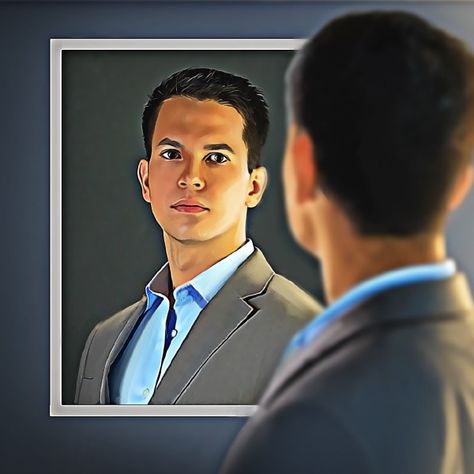 A young man looks at himself in a mirror Looking At Self In Mirror, Man Looking In Mirror, Reflection Drawing, Mirror Vector, Man Looks, Hot Wheels Garage, Mirror Man, Mirror Reflection, Loving Yourself