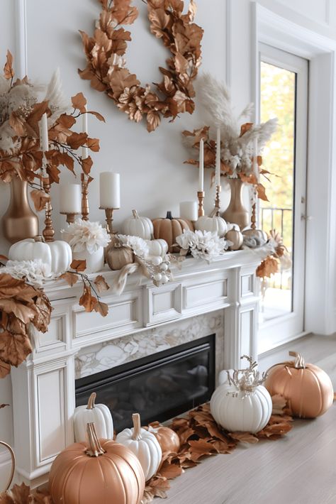 Creative and Cozy Fall Mantel Decorating Ideas - Our Happy Corner Pumpkins On Mantel, Glamorous Fall Decor, Fall Chimney Decor Ideas, Wreath On Wall Living Rooms, Fall Mantle Decor 2024, Fall Decor Ideas For The Home 2024, Fall Glam Decor, Elegant Fall Mantle, Fall Decor 2024