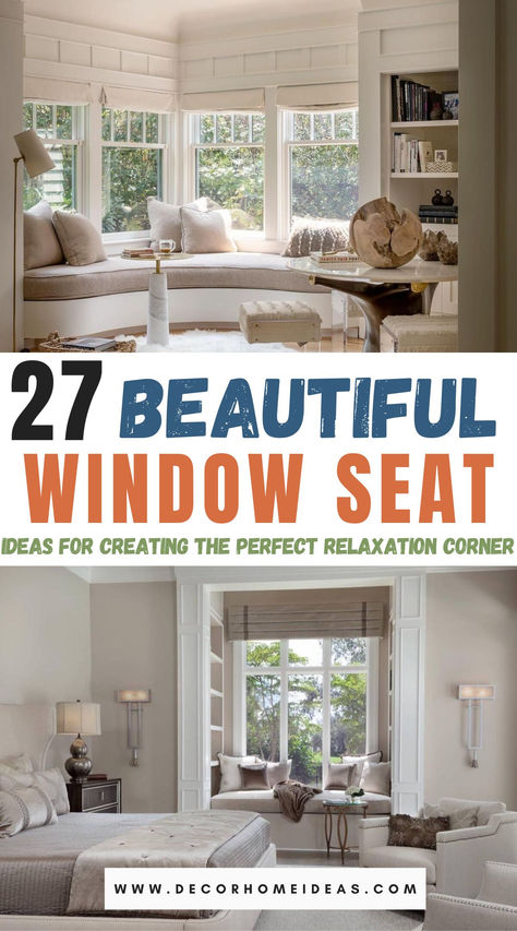 Explore 27 cozy window seat ideas to help you design the perfect relaxation corner in your home. From soft cushions and layered throws to clever storage and charming decor, these inviting setups will inspire you to create a serene spot for unwinding. Discover how to elevate any room's comfort! Corner Window Seat Bedroom, Window Seat Family Room, Window Seat In Sunroom, Window Seat Lounge, Sitting Space Near Window, Chaise Lounge Window, Bay Window Paint Ideas, Nook Window Seat, Living Room With Corner Windows