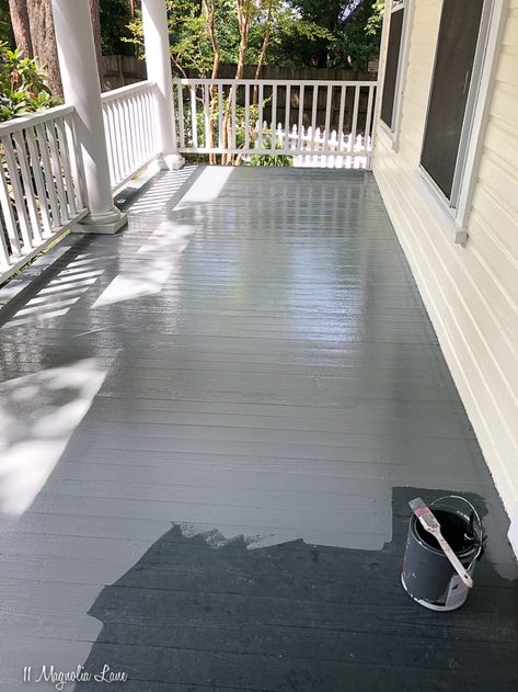 Painted Wood Porch Floor, Best Porch Floor Paint Colors, Wood Porch Floor Paint Colors, Gray Porch Floor Paint, Wood Front Porch Paint Ideas, Grey Porch Floor, Wood Porch Paint Ideas, Front Porch Ceiling Ideas Paint Colors, Painted Front Porch Wood