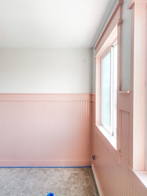 Currently in progress! Pink Bead Board, Beadboard Nursery, Girls Nursery Pink, Beadboard Accent Wall, Beadboard Bedroom, Beadboard Trim, Pink Accent Walls, Nursery Makeover, Bead Board Walls