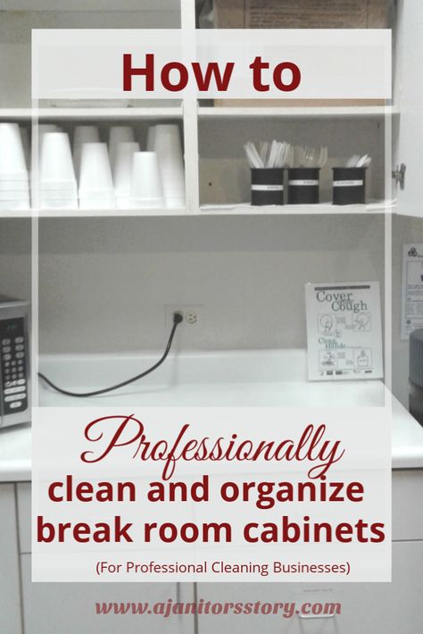 Learn how to clean and organize your customer's break room cabinets with your professional janitorial service.  Why?  Because detail cleaning can be profitable to your cleaning business and rewarding to your customers!  deep cleaning kitchens | kitchen cleaning and organization    #ajanitorsstory #howtoclean #cleaningkitchens #cleaninghackstipsandtricks via @ajanitorsstory Break Room Organization, Office Kitchen Break Room, Deep Cleaning Kitchen, Cleaning Lists, Work Vibes, Clean And Organize, Office Break Room, Floor Grout, Clean Kitchen Cabinets