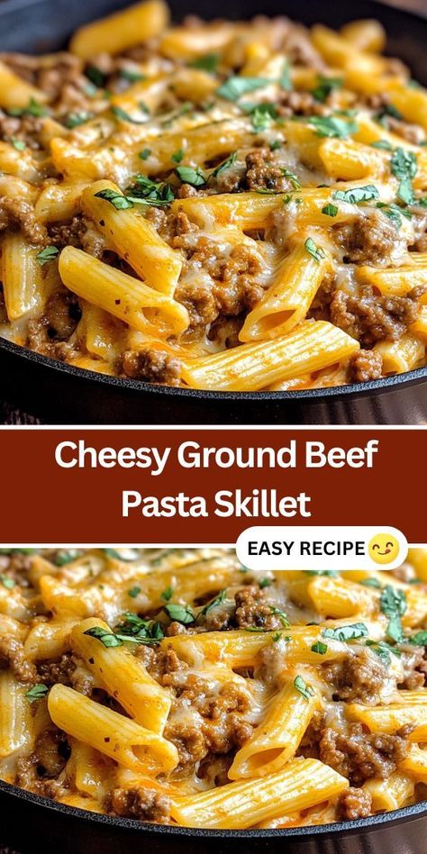 Make dinner easy and delicious with this Cheesy Ground Beef Pasta Skillet recipe. Packed with tender pasta, seasoned ground beef, and melted mozzarella, this one-pan dish is perfect for a quick weeknight meal. Learn how to create a comforting family favorite in under 30 minutes, combining simple ingredients for a flavorful and satisfying meal. Ground Beef Pasta Skillet, Cheesy Ground Beef Pasta, Cheesy Ground Beef, Ground Recipes, Pasta Skillet, Ground Beef Pasta, Skillet Pasta, Beef Pasta, Cheesy Pasta