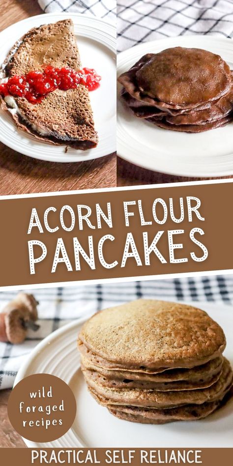 a stack of fluffy acorn pancakes on a plate and a acorn flour crepe on a plate Best Pancakes Ever Recipe, Acorn Recipes, Unique Pancake Recipes, Wild Food Recipes, Acorn Recipe, Acorn Flour, Best Pancakes Ever, Fluffiest Pancakes, Best Pancakes